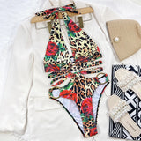 Sexy One Piece Swimsuit Swimwear Women Leopard Hollow Deep V-neck Halter Bathing Suit Beachwear Big Metal Ring Bikini 2026 Mujer