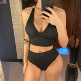 S - XXL 2026 Ribbed Halter Mid Waist Bikini Female Swimsuit Women Swimwear Two-Pieces Bikini Set Bather Bathing Suit Swim V6447
