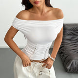 Summer Slash Neck T Shirts Women Sexy Short Sleeve Pleate Slim Fishbone Waist Cinching Tops Bandage Cross Club Party T-Shirt