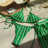 DEKA Green Striped Bikini Set Women Halter Push Up High Waist Thong Panties Swimsuit Summer 3 Pcs Bathing Suit Lace-up Swimwear