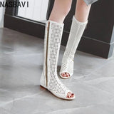 NASBAVI Fashion Women Flats Knee High Summer Boots Peep Toe Square Heels Fretwork Party Shoes Retro Rome Sexy Ladies Footwear