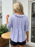 Women's Summer Blouse Solid Color Ruffle Flounce V Neck Short Sleeve Button Down Tops Casual Loose Shirts
