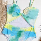 2026 New Sexy One Piece Swimsuit Swimwear Women Tie Dye Hollow One-piece Bathing Suit Beachwear Metal Hoop Maillot De Bain Femme