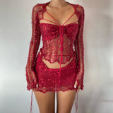 Glitter Sequins Knitted Skirt Sets Women Fashion Hollow Sequins Bandage Tube Top Mini Skirts 3 Piece Outfit Vacation Clothing