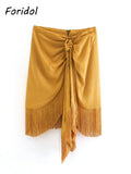 Foridol High Waist Bodycon Tassel Mini Skirt Women Summer Spring Irregular Slit Brown Short Bowknot Skirt Ladies Bottoms Brown