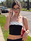 FDYOUI Women's Summer Polka Dot Patchwork Black Corset Sexy Off Shoulder Slim Crop Tops Streetwear Y2K Girls Backless Tank Top