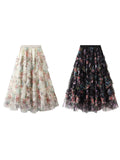 Early Fall Floral Print Ruffle Mesh Skirt Women Irregular Flowy A-line Midi Skirt for Travel, Beach, Shopping