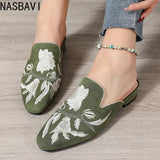 NASBAVI Fashion 3d Embroidery Mules Women Fur Slippers Velvet Shoes Ladies Low Heel Flower Decoration Sandals Women's Flip Flops