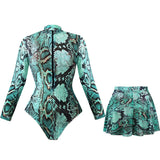 Slimming Mesh Swimsuit One Piece with Long Sleeves Sexy Bathing Suit Featuring Skirt ＆ Long Pants Bodysuit for Smart Beach Wear