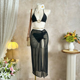 Sexy Black Mesh Long Skirt 3 Piece Bikini Set Women White Metal Ring Linked Push Up Bra Swimsuit Holiday Bathing Suits Swimwear