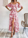 New Summer Women Print Dress 2025 Fashion Elegant  Vacation Party Short Sleeve Slim V-neck Slit Long Dresses Vestidos Para Mujer
