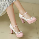 Plus Size Crossed Thin Ribbon Bow Shallow High-Heeled Shoes Patent Leather Splicing White PU Sweet Lolita Style Pumps