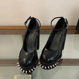 Punk Style Black Rivet Buckle High Heels Women's Trendy Gothic Sizes 36-43 Waterproof Platform Belt Buckle Thick Heel Nude Shoes