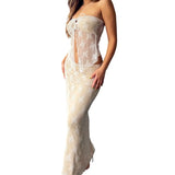 2 Piece Sets Women Lace Tie-up Tube Tops + Long Skirts Outfits Summer Streetwear Sexy Fairycore Y2K Aesthetic Clothes