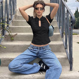 FDYOUI Fashion Stand Collar Lace-up Hollow Out T-shirts Women Chic Short Sleeve Single Breasted Crop Top Folds Solid Tee Shirt