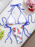 Sexy Blue Floral Print Bikini Set Women Halter Push Up Bra Bandage Thong Swimsuit Bathing Suit Holiday Two Piece Swimwear 2026