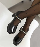Pearl Beaded High Heels Shoes Ladies Wedding Mary Janes Block Heeled Pumps Woman Hook&Loop Tacones Wedges Escarpins Femme