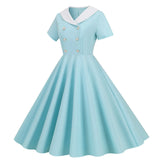 1950s Vintage 50s A-Line Evening Dress Short Sleeves V Neck Button High Waist Dresses Women's Prom Party Midi Dress Vestidos