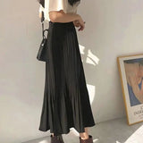 High Waist Elastic Pleated Skirt for Women Spring Summer Chiffon Skirts Vintage Patchwork White Black Long A-Line Skirt