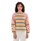 Loose Knitted Tops Women Contrast Color Stripe Floral Print Long Sleeve Pullovers Fall Winter Casual Jumpers