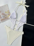 3D Flowers Pearl Deep V Neck Halter Backless Female Swimwear One Piece Swimsuit Women Monokini High Cut Bather Bathing Suit Swim