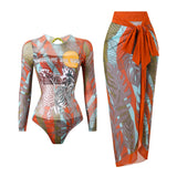 S - XXL Printed Long Sleeve With Sarong One Piece Swimsuit Women Swimwear Female Flowers Padded Bather Bathing Suit Swim K7181