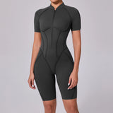 Summer Zipper Workout Jumpsuit Sports Overalls Women Running Fitness Short Sleeve Yoga Bodysuit