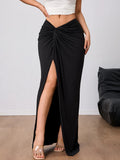 Elegant Black Skirt for Lady Folds High-waisted slit Women's Long Skirt Spring Summer Outfit Fashionable Casual Streetwear Women