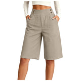 Women's High Waist Cotton Linen Bermuda Shorts Double Breasted Wide Leg Casual Shorts With Pockets Loose Fit Office Summer Short