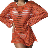 Womens Beach Cover Up Knit Solid Color Long Sleeve Dress Sexy Slim-Fit Beachwear Cover Up Beach Holiday Sun Protection Clothing