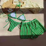 DEKA Green Striped Bikini Set Women Halter Push Up High Waist Thong Panties Swimsuit Summer 3 Pcs Bathing Suit Lace-up Swimwear