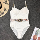 Ribbed Push up Underwired Metal Chain Women Swimwear One Piece Swimsuit Female Waist Belt Monokini Bather Bathing Suit Swim Lady