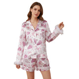 Women's Christmas 2 Pieces Pajamas Set Bow Print Fur Trim Button Down Long Sleeve Lapel V Neck Tops and Pants Lounge Wear