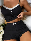 Summer 2pcs Pajama Sets Women Underwear Sexy Lace Trim Camisole Tops with Shorts Set Sleepwear Loungerwear