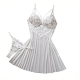 White Daisy Floral Lace Sheer Mesh Babydoll Lingerie Set Slip Nightdress With Matching Thong Women Sexy Sleepwear ZA825096