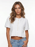 Summer Women's Ruched White Shirts Solid Color Bubble Short Sleeve Button Down Tops Casual Fashion Blouse
