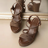 Ankle Buckle Coffee Wedges Sandals Women 2026 Summer Woven Chunky Platform Sandles Woman Peep Toe Plus Size Fashion Sandals 42