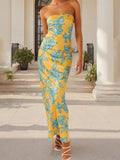 Women's Summer Sleeveless Strapless Long Dress Stylish Floral Print Sleeveless Tube Bodycon Dresses