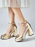 Big Size 32-46 Elegant Gold Metallic Platform High Heels Women Shoes Square Toe Ankle Strap Chunky Heel Party Wedding Pumps