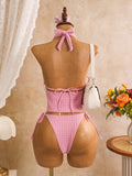 Sexy Pink Plaid Print Bikini Set 2026 Women Bandage Cross Fishbone Top 3 Piece Swimsuit Summer Bathing Suit Holiday Swimwear