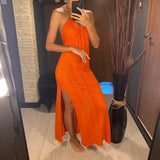 Sexy Halter Backless High Cut Crochet Knitted Tunic Beach Dress Beach Wear Beachwear Beach Cover Up Cover-upsFemale Women V5841