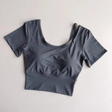 Women's Quick-Dry Yoga Sports Top with Chest Cushion Sexy Short-Sleeved Fitness T-Shirt Tight-Fitting Navel Revealing Yoga Suit