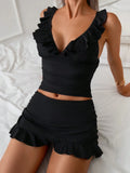 2026 Ruffle Tankini Two Pieces Solid Swimsuit Women White Swimwear Female Solid Bathers Bathing Swimming Swim Suit Beachwear