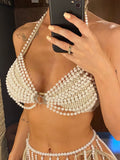 Luxury Pearls Halter Hollow Out See Through Bikini Top Female Swimsuit Women Swimwear Bather Bathing Suit Swim Beach Top V5409