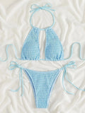 2025 Halter Tie Side Hollow Out Smocked Bikini Women Swimsuit Female Swimwear Two Pieces Bikini Set Swim Bathing Suit Beach Wear