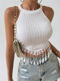 Women's Summer Vest Tassel Hem Sleeveless Cold Shoulder Fashionable Slim Tank Tops casual Y2K Chic Tops