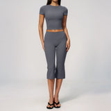 Yoga Set for Women High Waist Hip Lifting Tight Mid Pants Fitness Suit Short Sleeve O Neck Slimming Sports T Shirt Athletic Wear