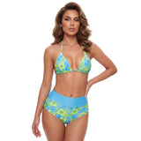 Women’s Two Piece Bikini Set Rose Hibiscus Floral Print Halter Tops with Fold Over Waist Shorts Summer Beach Wear