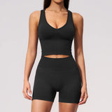 Seamless Gym Yoga Sets Women Breathable I-shaped Shock-absorbing Slim Sports Tank Top High Waist Shorts Training Fitness Suit