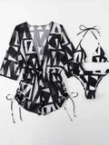 3 Pieces Bikini Tropical Print Swimsuit Halter Drawstring Side Swimwear Women 2026 Bathing Suit Female Swimming Summer Beachwear